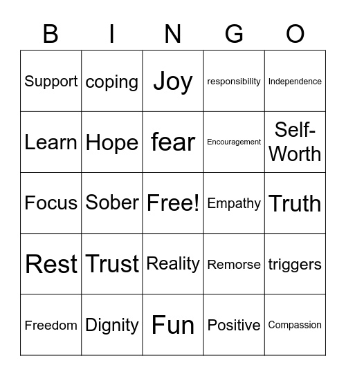 Recovery BINGO Card