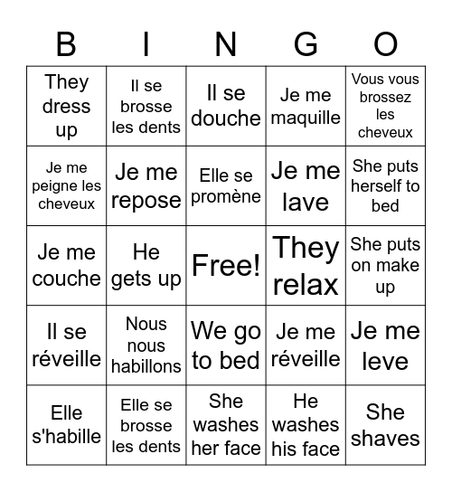 Reflexive Verbs Bingo Card