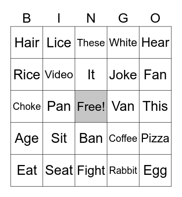 English BINGO Card