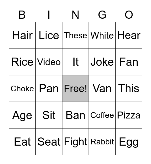 English BINGO Card