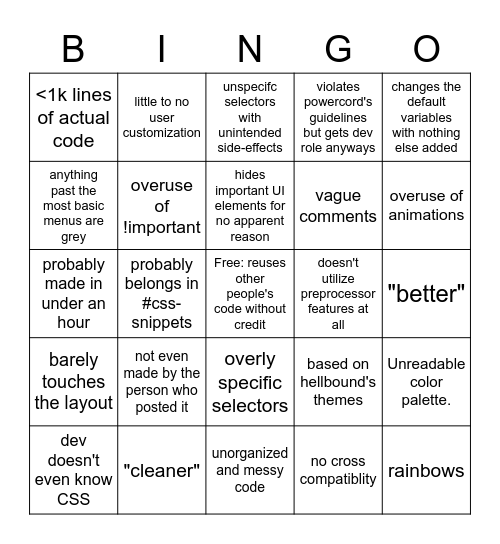 Powercord Theme Bingo Card