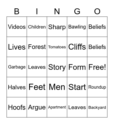 Vocabulary Bingo! Bingo Card