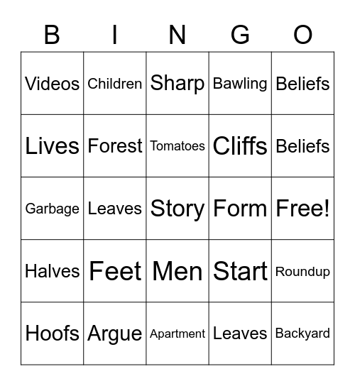 Vocabulary Bingo! Bingo Card