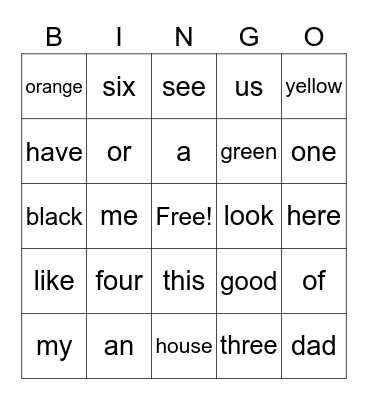 Sight words Bingo Card