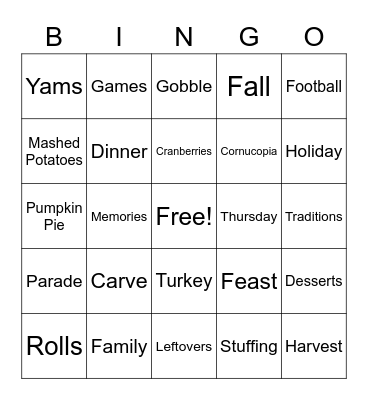Thanksgiving Bingo! Bingo Card