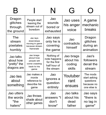 Day of Dragons Dev Q and A Bingo Card