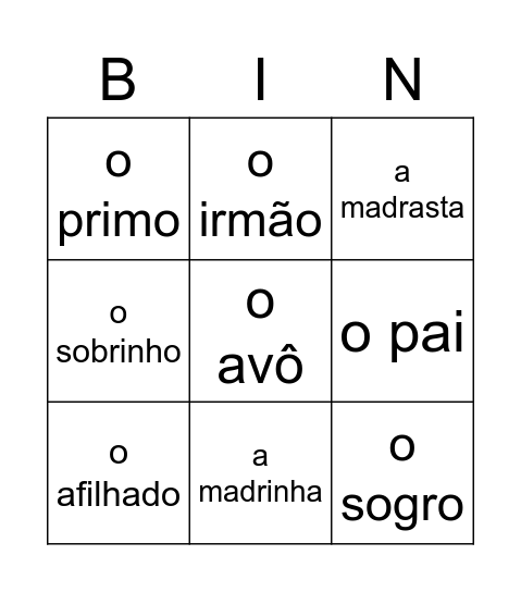 Bingo família Bingo Card