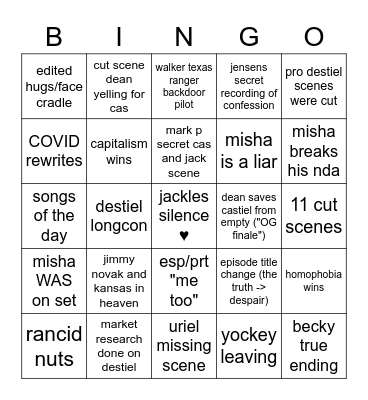 destiel conspiracy bingo Card