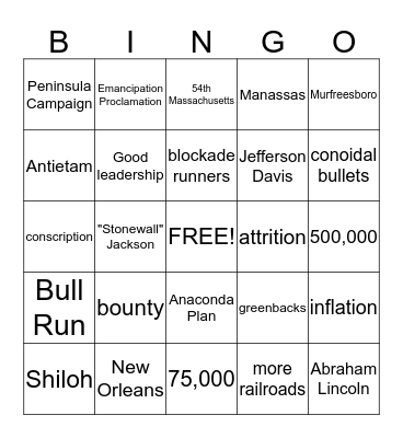 The Civil War - Early Years Bingo Card