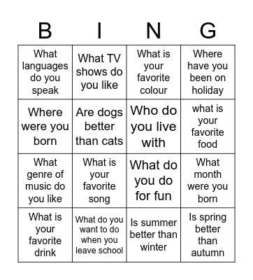 Question Bingo Card