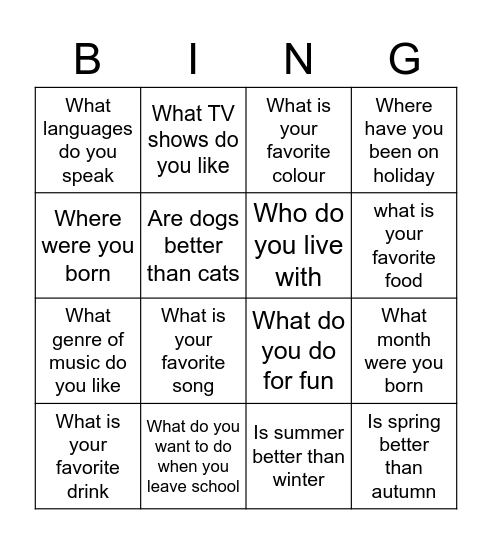 Question Bingo Card