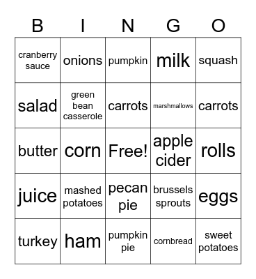 Thanksgiving Food Bingo Card