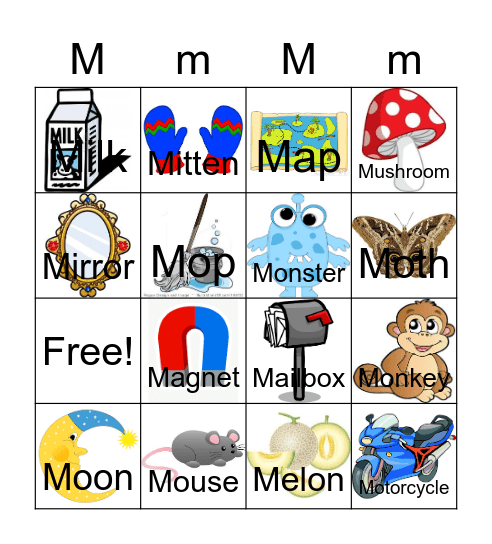 Letter M Bingo Card