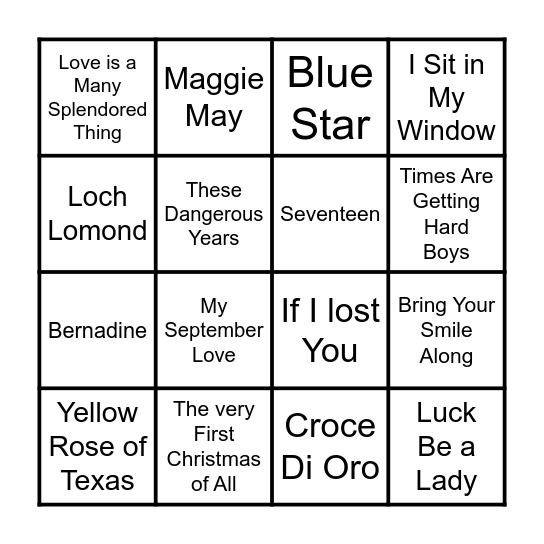1950's British Hits Bingo Card