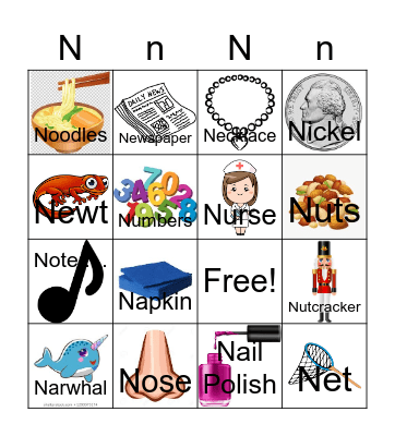 Letter N Bingo Card