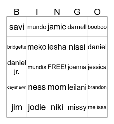 FAMILY BINGO! Bingo Card
