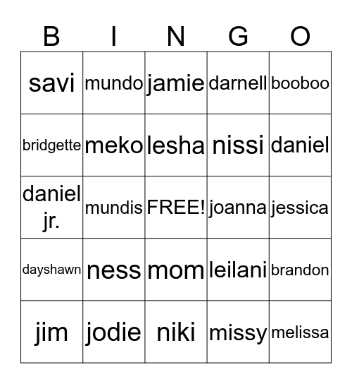 FAMILY BINGO! Bingo Card