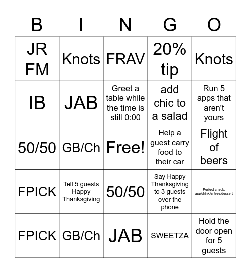 Thanksgiving Server Bingo! Bingo Card