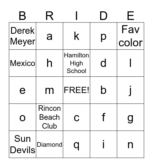 BRIDE BINGO Card