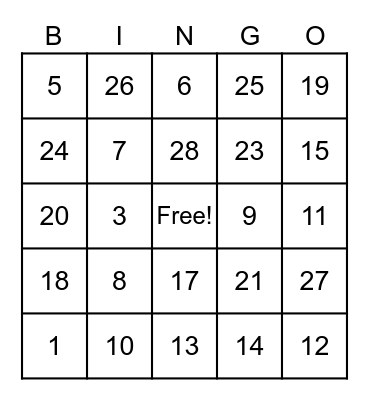 Test Bingo Card Bingo Card