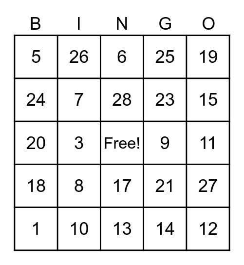 Test Bingo Card Bingo Card