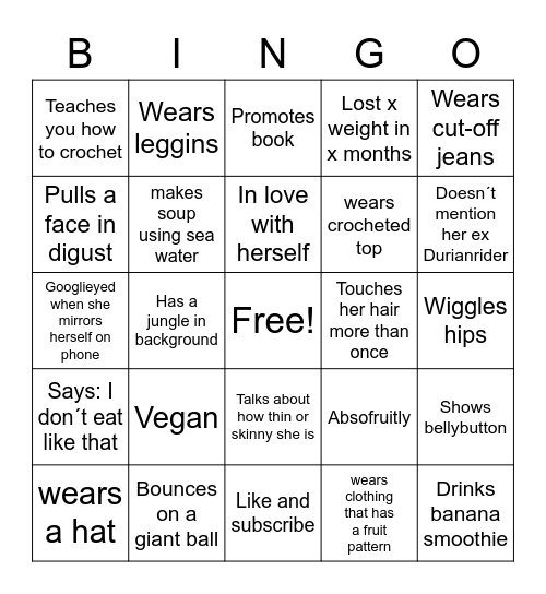 Freelee what I eat in a day Bingo Card