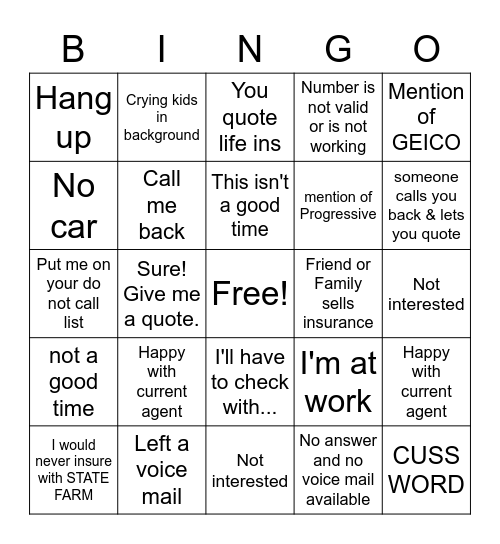 Cold Calling Bingo Card