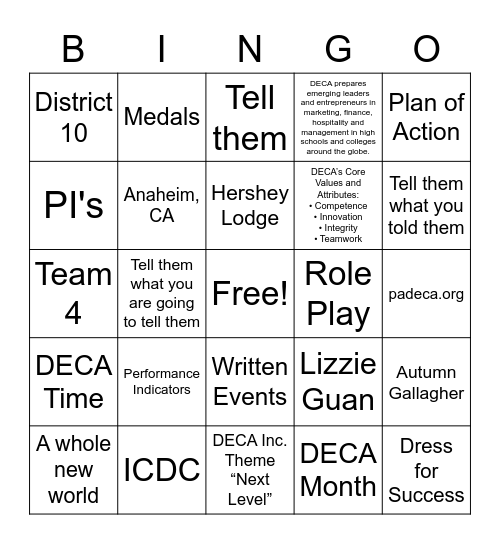 DECA Competition BINGO Card