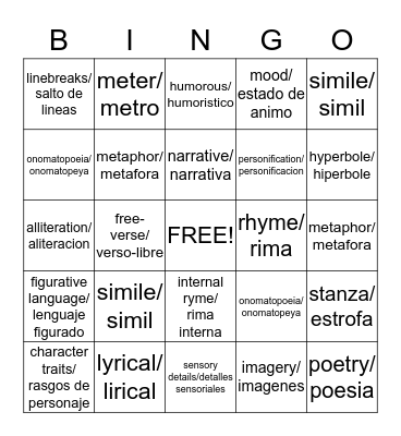 Poetry Bingo/ Bingo de Poesia Bingo Card