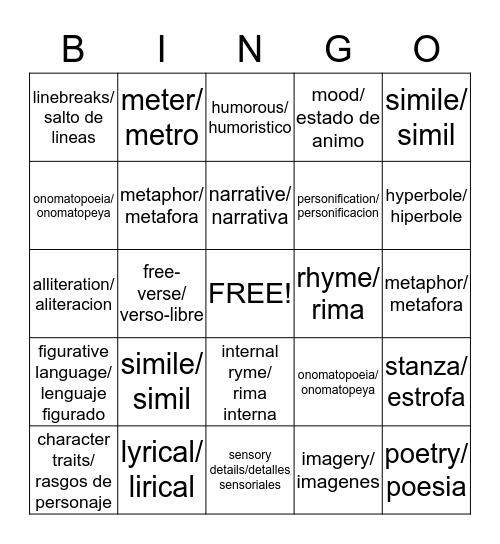 Poetry Bingo/ Bingo de Poesia Bingo Card