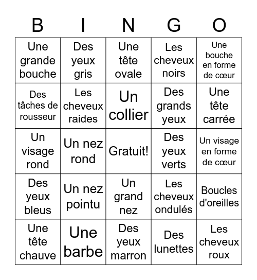 Les Descriptions Physiques Bingo Card