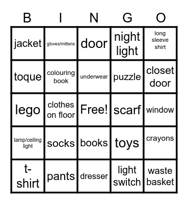 I spy something in my room Bingo Card