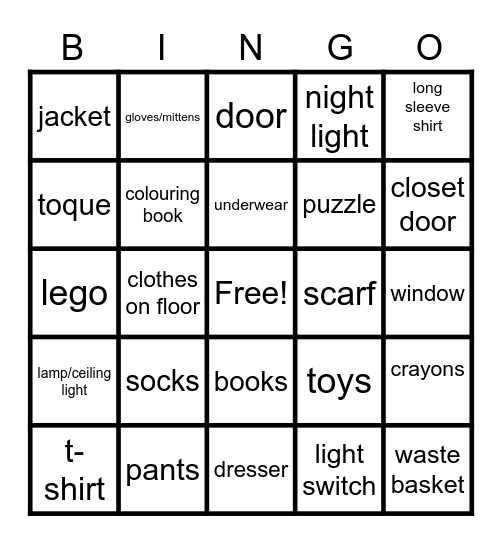 I spy something in my room Bingo Card