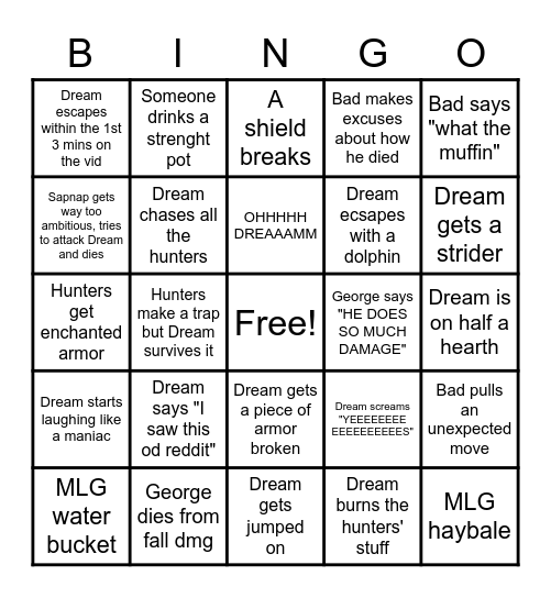 Manhunt Dream Bingo Card