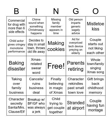 Lifetime/Hallmark Xmas Movie Tropes Bingo Card