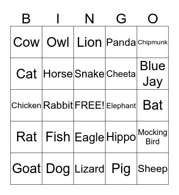 Animals Bingo Card