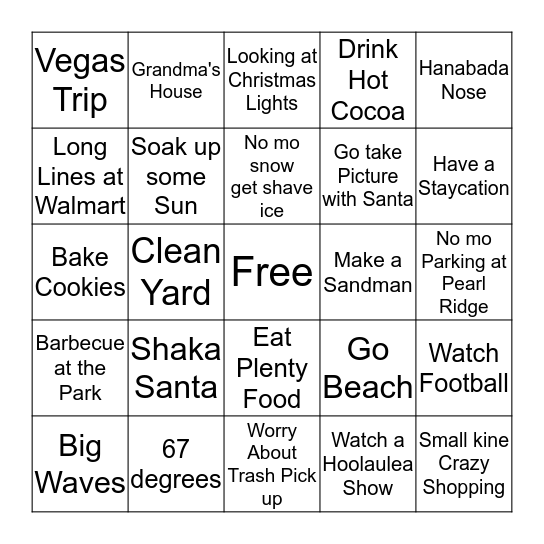 Winter in Hawaii Bingo Card