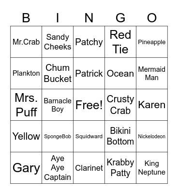 Spongebob Bingo Card