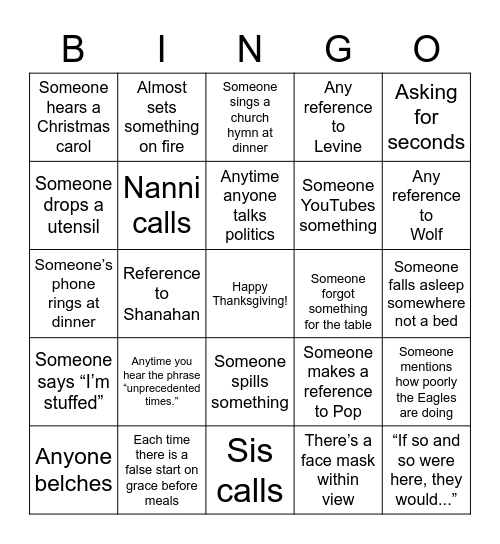 Thanksgiving 2020 Bingo Card