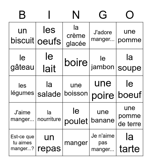 La Nourriture Bingo Card