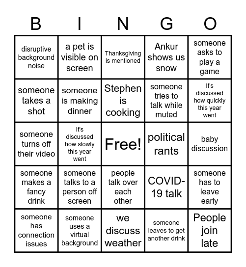 Zoom drinking game Bingo Card