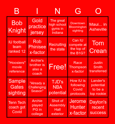 Indiana first game Bingo Card