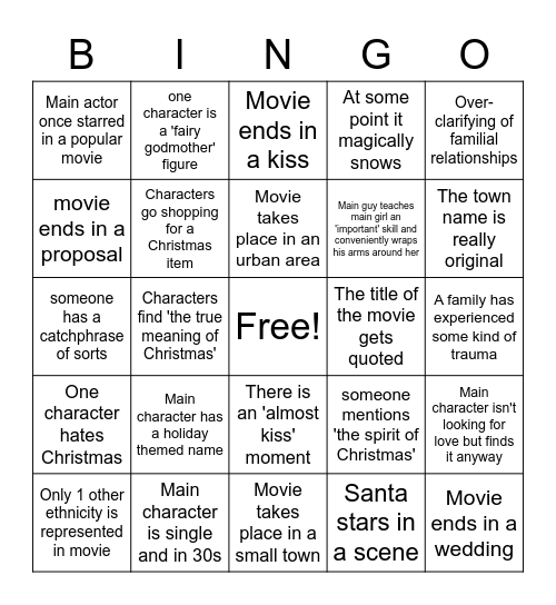 Hallmark Holiday Movie Bingo Card