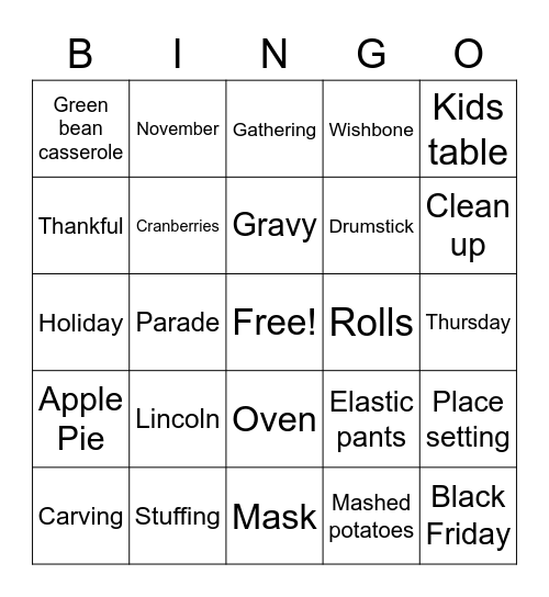 Thanksgiving 2020 yum Bingo Card