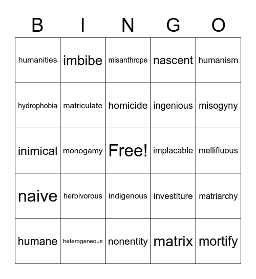 English 10 bingo Card