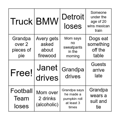 Turkey Day Bingo Card