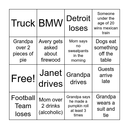 Turkey Day Bingo Card