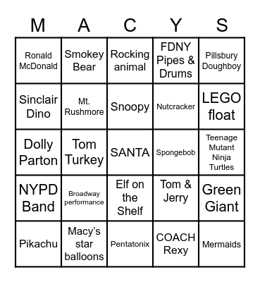 Macy's Thanksgiving 2020 Bingo Card