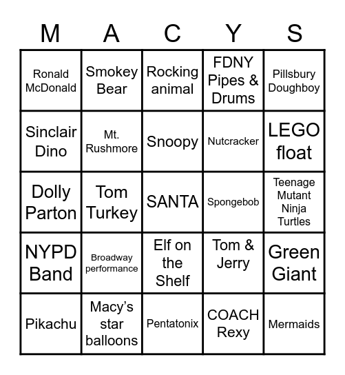 Macy's Thanksgiving 2020 Bingo Card