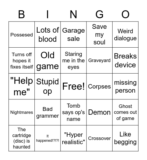 Shitty game creepypasta Bingo Card